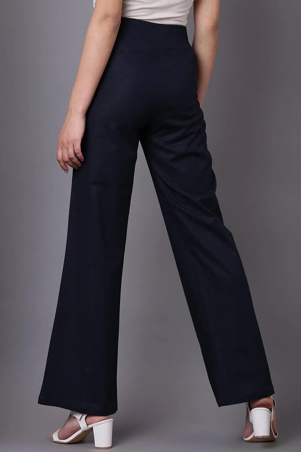 Akiya Navy Blue Cotton Linen Relaxed Fit Pants for Women