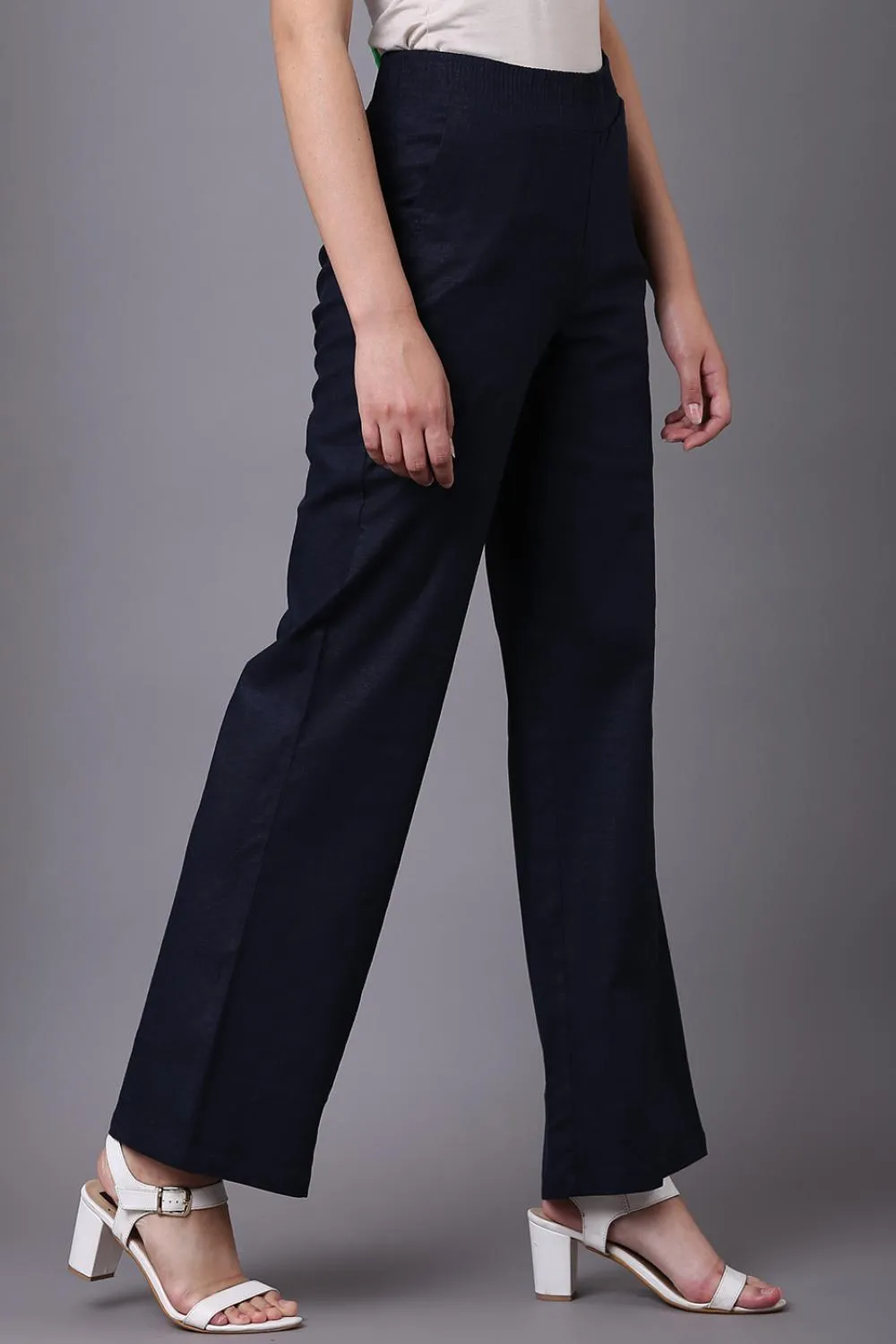 Akiya Navy Blue Cotton Linen Relaxed Fit Pants for Women