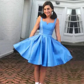 Blue Square Neckline Sleeveless Simple Satin Homecoming Dresses,BD00136