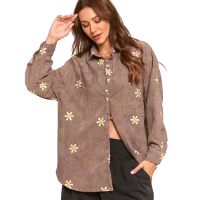 Corduroy Floral Embroidered Shaket - Ash Mocha