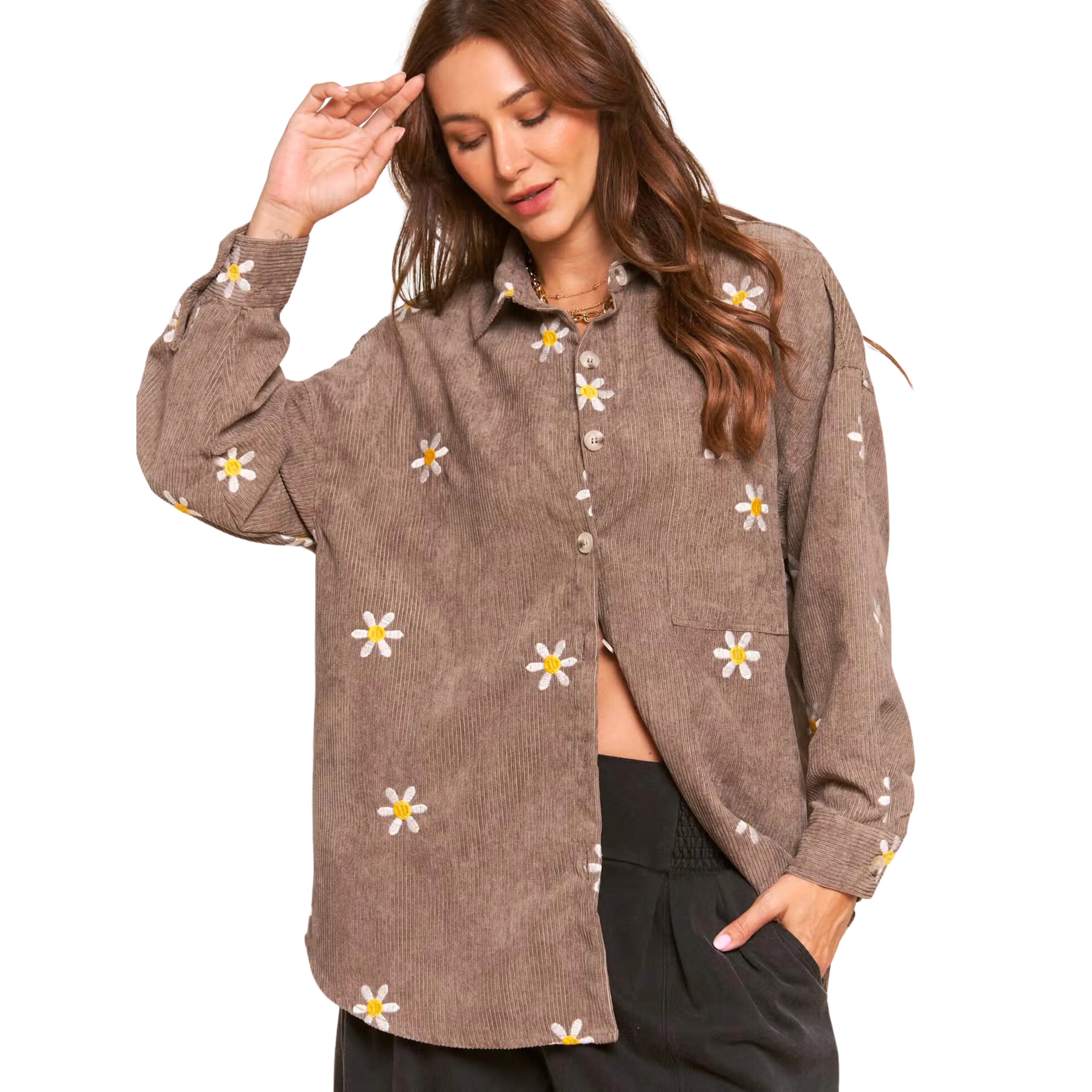 Corduroy Floral Embroidered Shaket - Ash Mocha