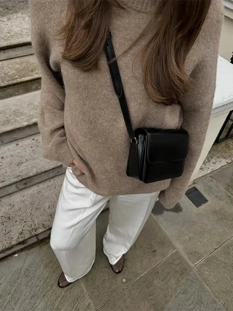 Elegant Solid Wool Blends Round Neck Pullover Women Casual Long Sleeves Loose Warm Sweater