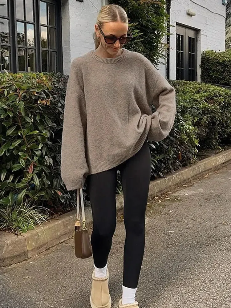 Elegant Solid Wool Blends Round Neck Pullover Women Casual Long Sleeves Loose Warm Sweater