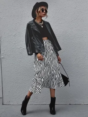 Elegant Zebra Stripe Ruffle Hem High Waist Long Women Skirt