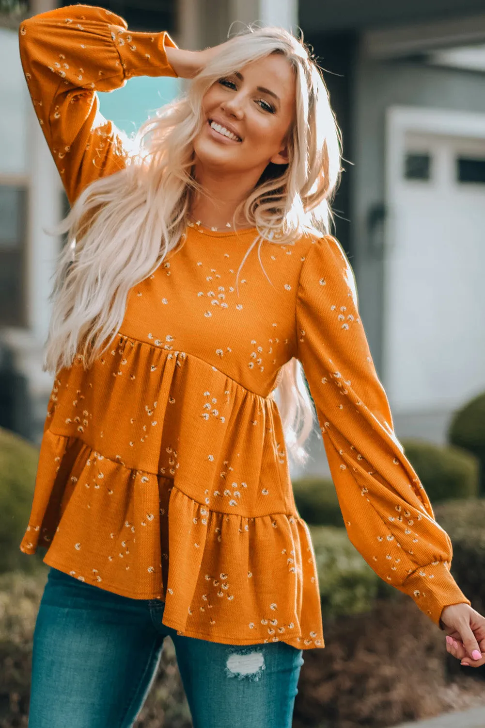 Floral Print Ruffle Long Sleeve Tunic Top