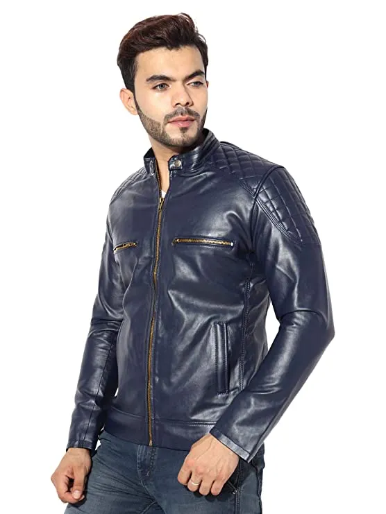 Garmadian Blue Casual Pu Leather Jacket for Men