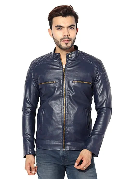 Garmadian Blue Casual Pu Leather Jacket for Men