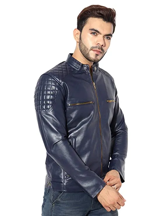 Garmadian Blue Casual Pu Leather Jacket for Men