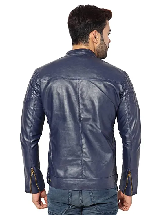 Garmadian Blue Casual Pu Leather Jacket for Men