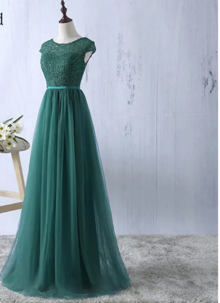 Green tulle lace top round neck long evening dresses ,simple formal dress