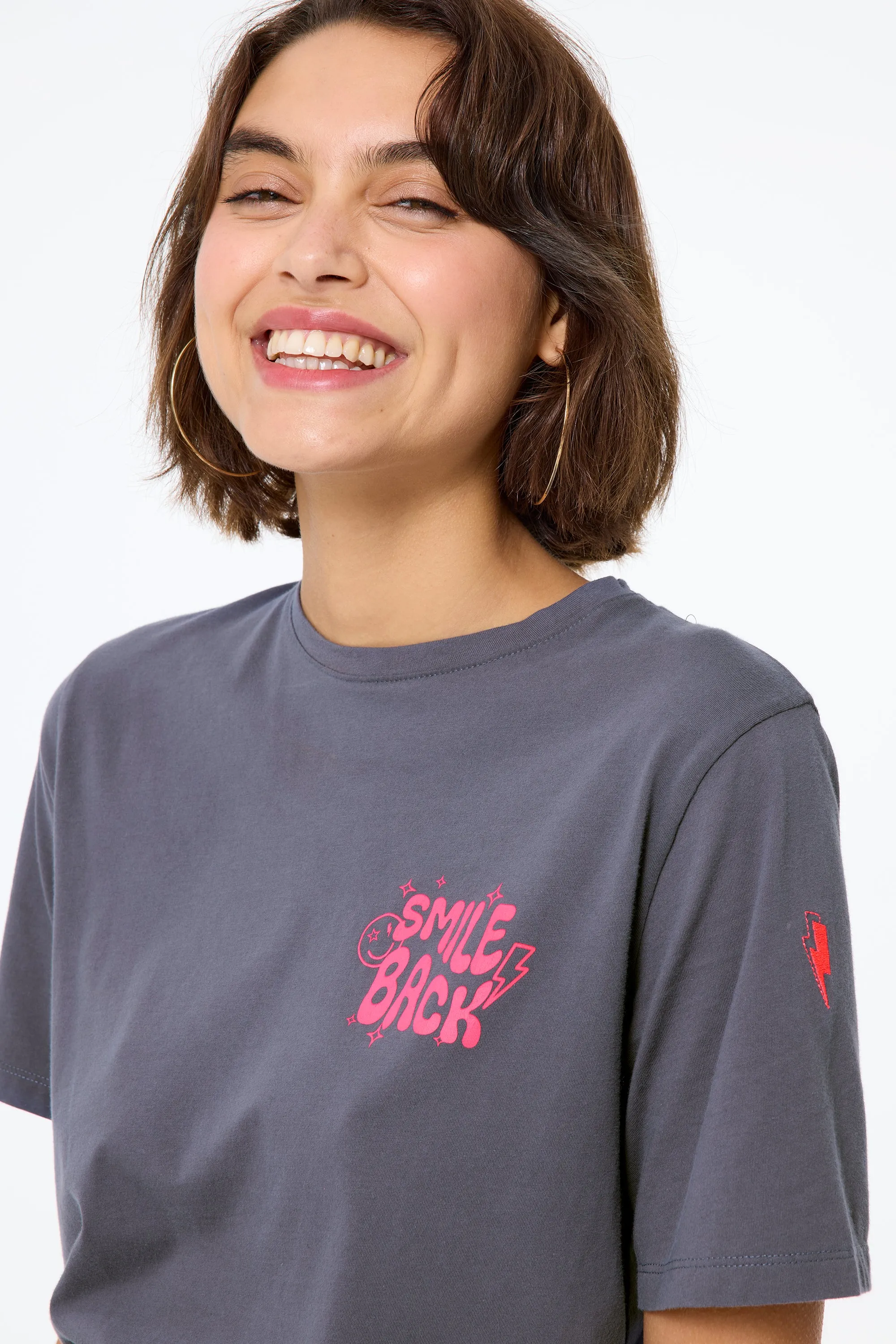 Grey with Neon Coral Smile Back Slogan T-Shirt