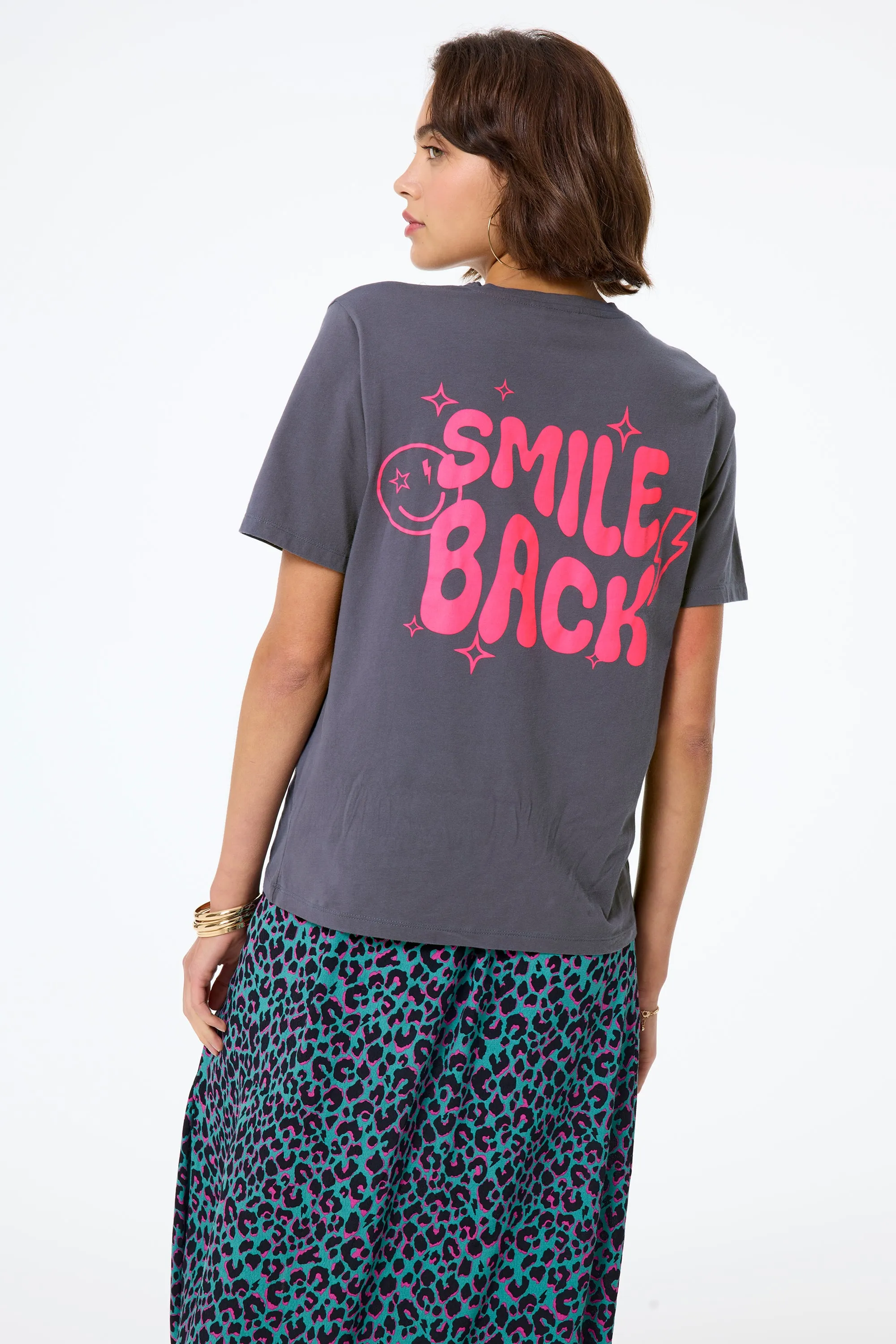 Grey with Neon Coral Smile Back Slogan T-Shirt