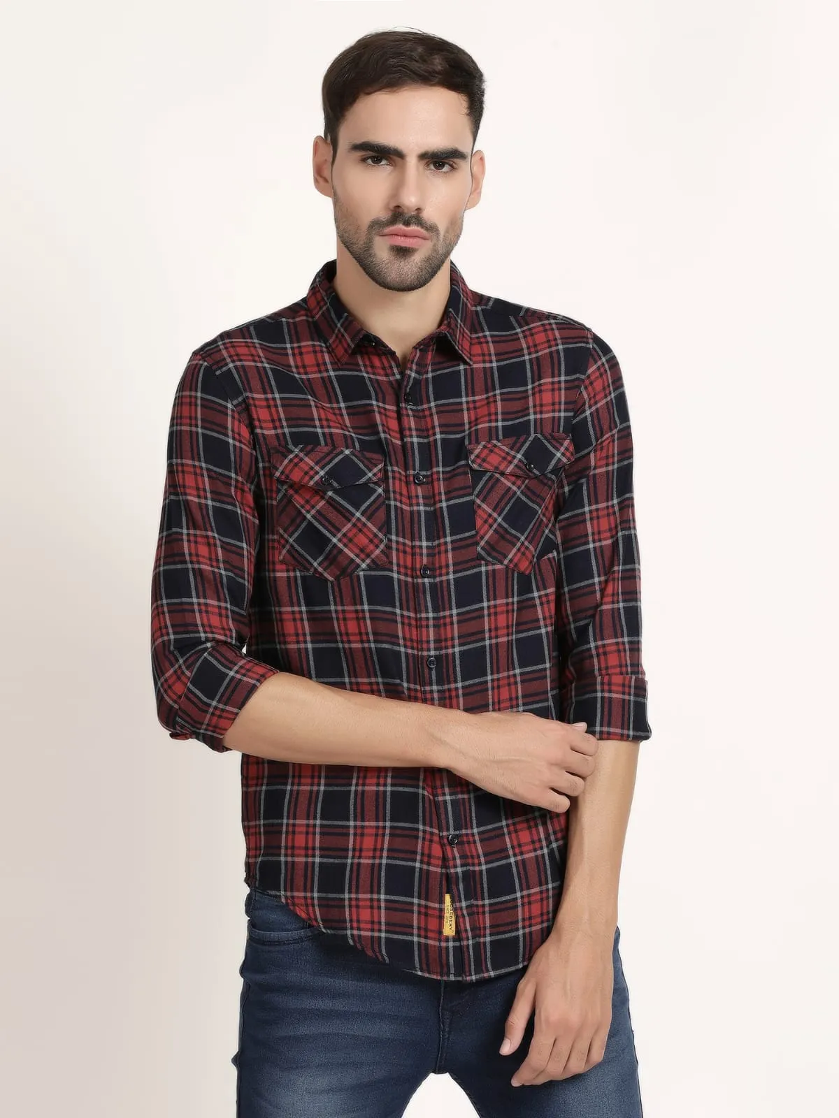 Men Red and Black Checked Semi Formal Shirt (GBRJ6016)