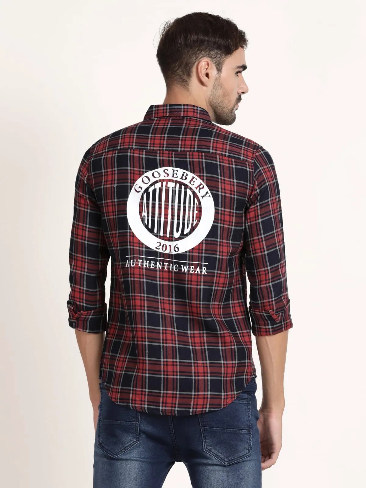 Men Red and Black Checked Semi Formal Shirt (GBRJ6016)