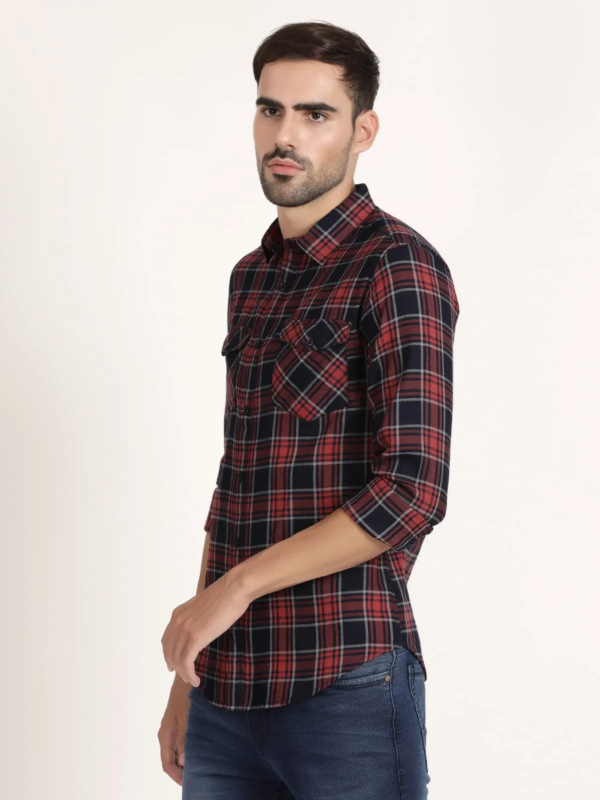 Men Red and Black Checked Semi Formal Shirt (GBRJ6016)