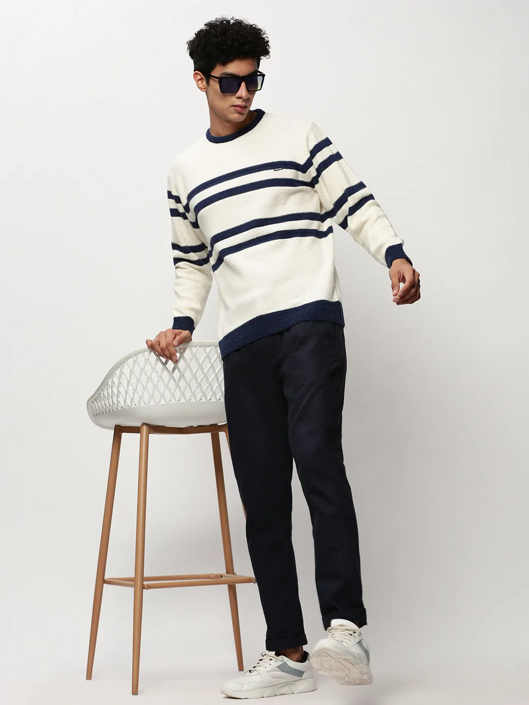 Men White Striped Casual Sweaters