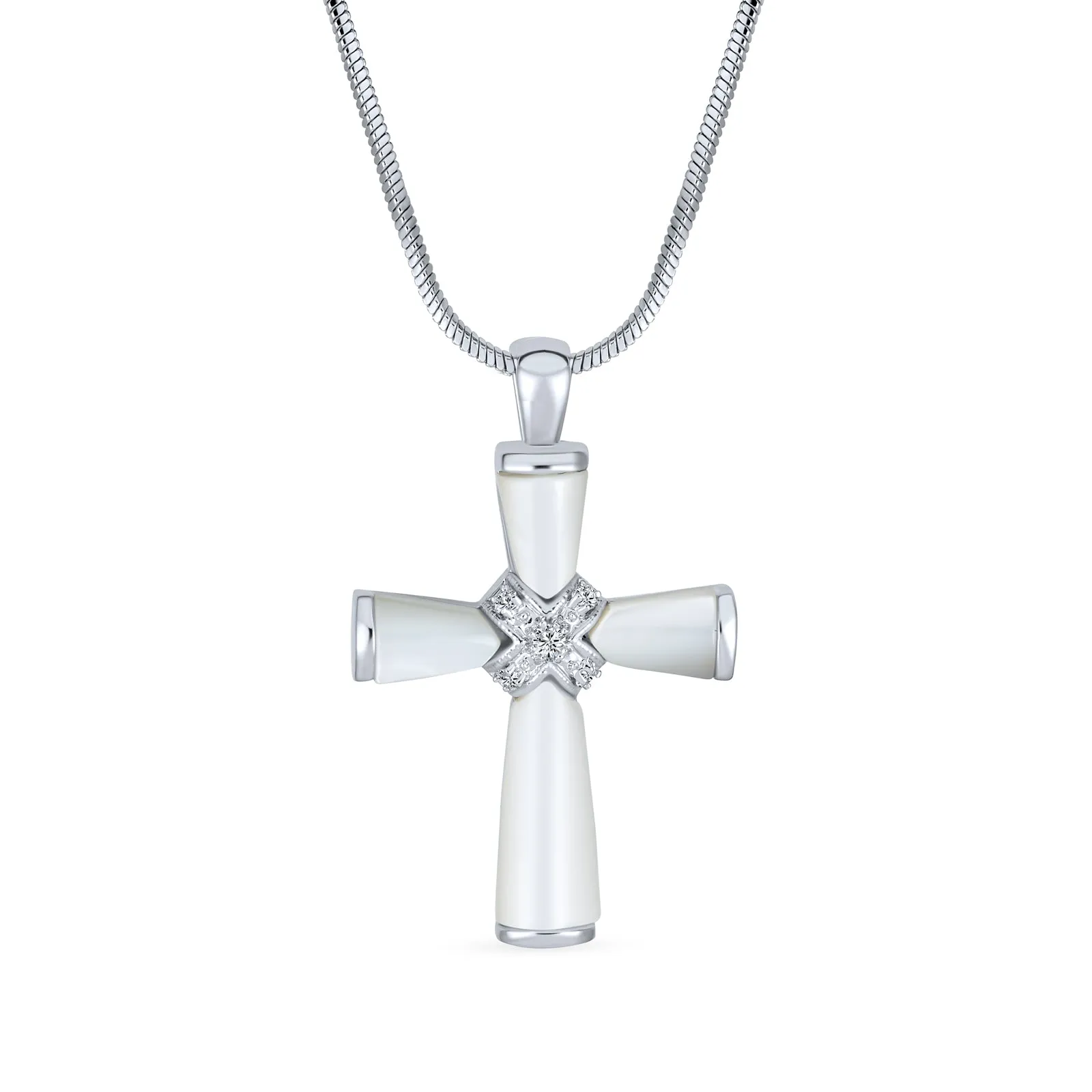 Mother Of Pearl Cross Pendant Necklace with Silver Plated Snake Chain