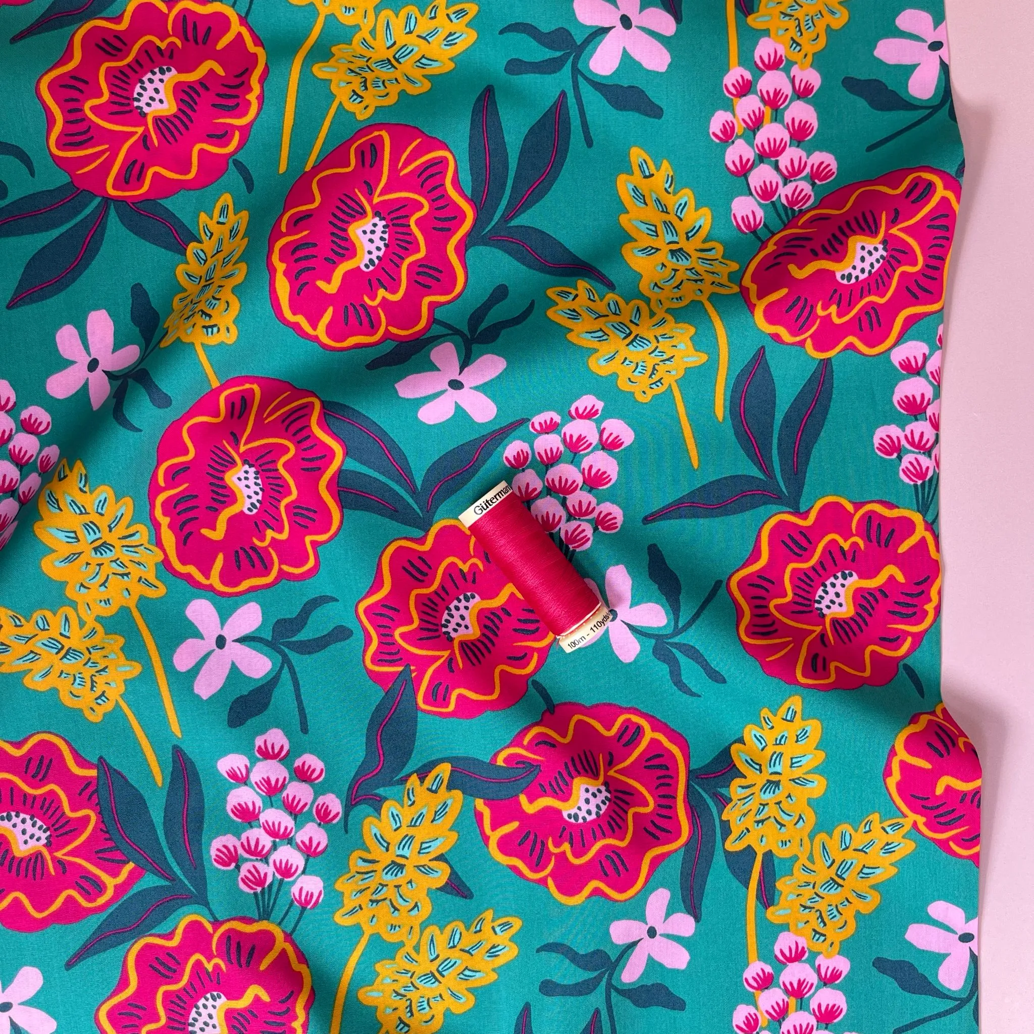 Nerida Hansen - Fresh Flowers on Green Cotton Poplin Fabric