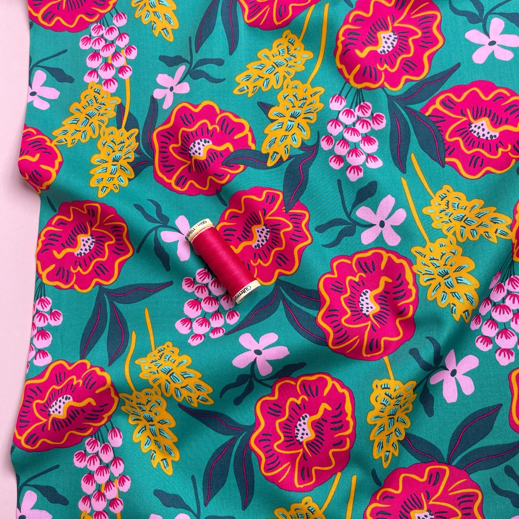 Nerida Hansen - Fresh Flowers on Green Cotton Poplin Fabric