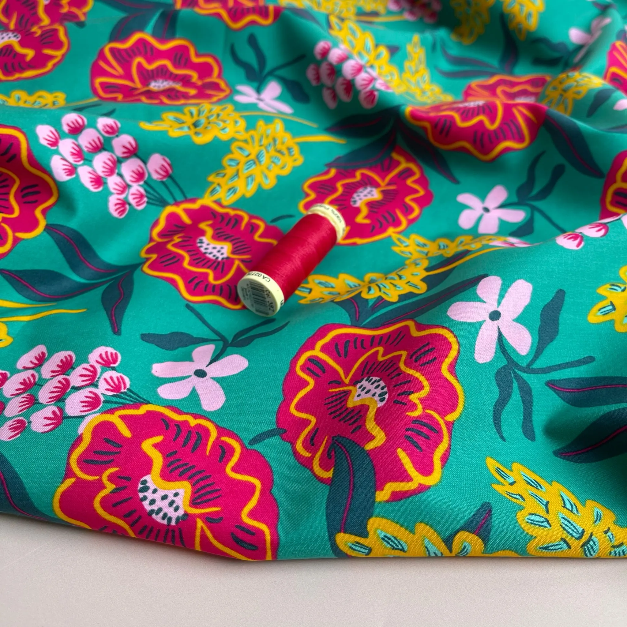 Nerida Hansen - Fresh Flowers on Green Cotton Poplin Fabric