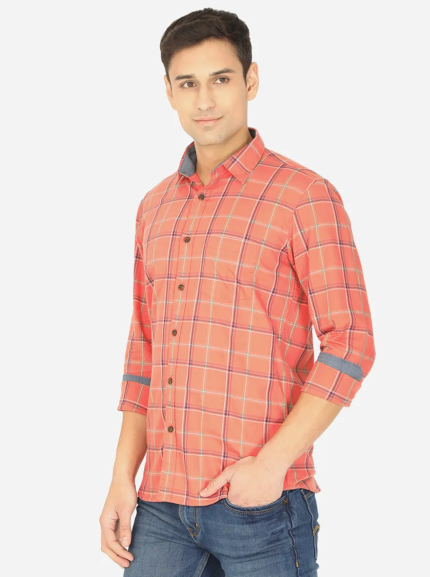 Peach Checked Slim Fit Semi Casual Shirt | JadeBlue