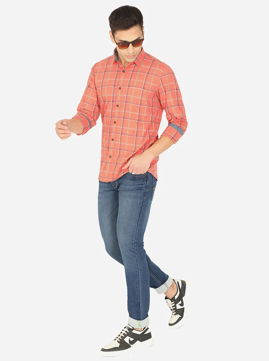 Peach Checked Slim Fit Semi Casual Shirt | JadeBlue