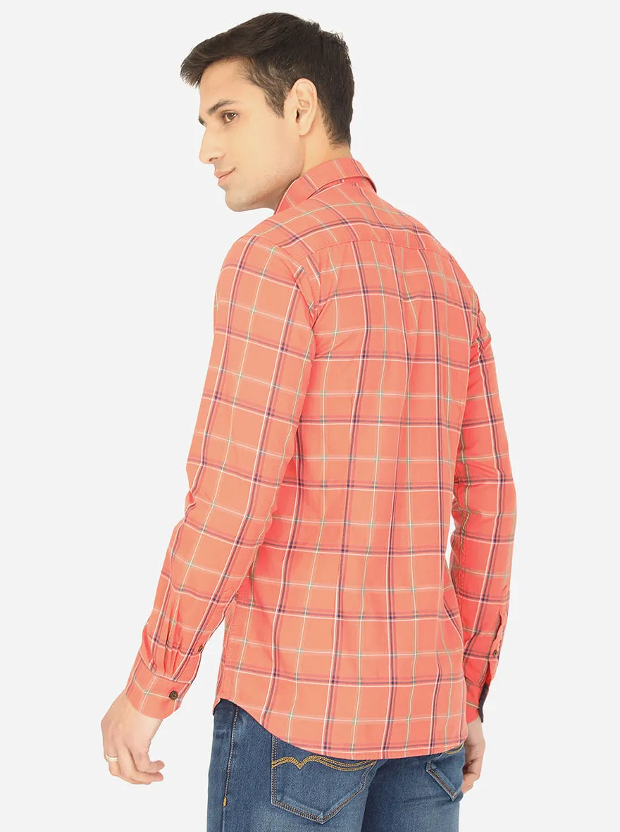 Peach Checked Slim Fit Semi Casual Shirt | JadeBlue