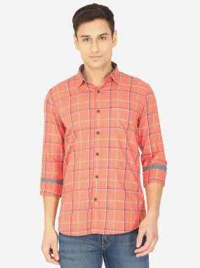 Peach Checked Slim Fit Semi Casual Shirt | JadeBlue