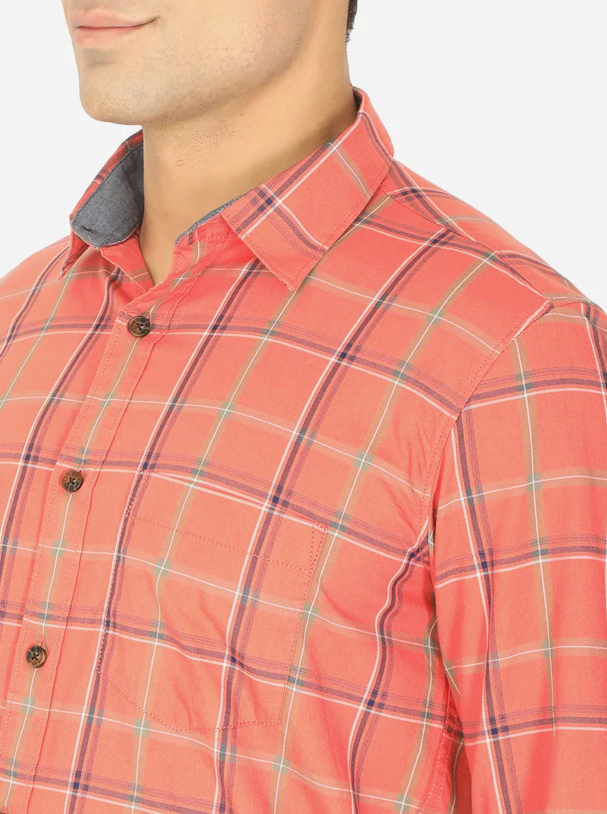 Peach Checked Slim Fit Semi Casual Shirt | JadeBlue