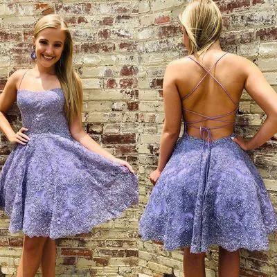 Purple Beaded A-line Spaghetti Straps Lace Appliques homecoming Dress, SH521