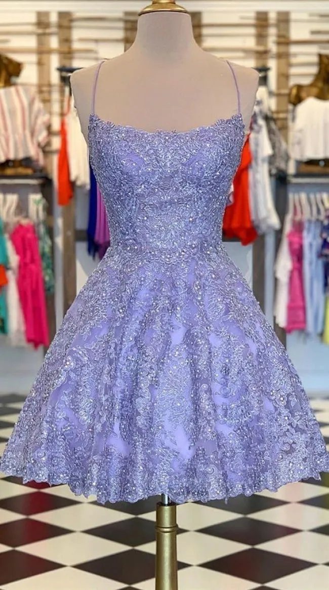 Purple Beaded A-line Spaghetti Straps Lace Appliques homecoming Dress, SH521