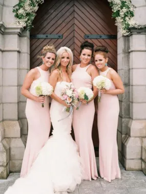 Sheath High-Neck Floor Length Spandex Blush Pink Bridesmaid Dresses HX006