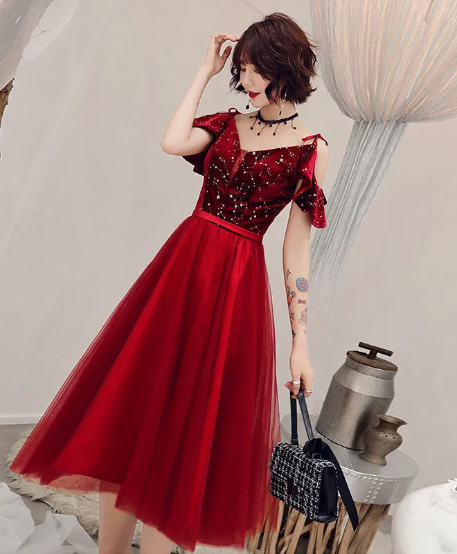 Simple Burgundy Off Shoulder Tulle Short Prom Dress