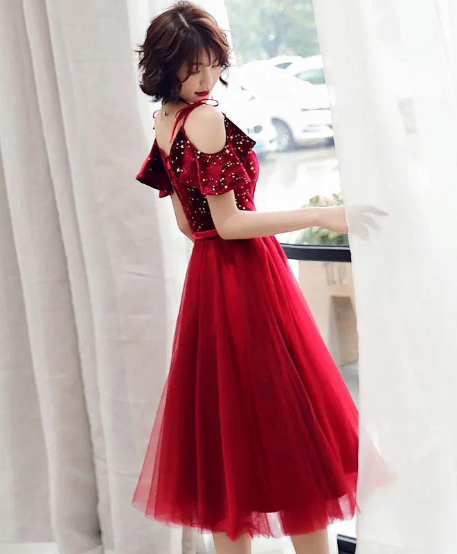 Simple Burgundy Off Shoulder Tulle Short Prom Dress