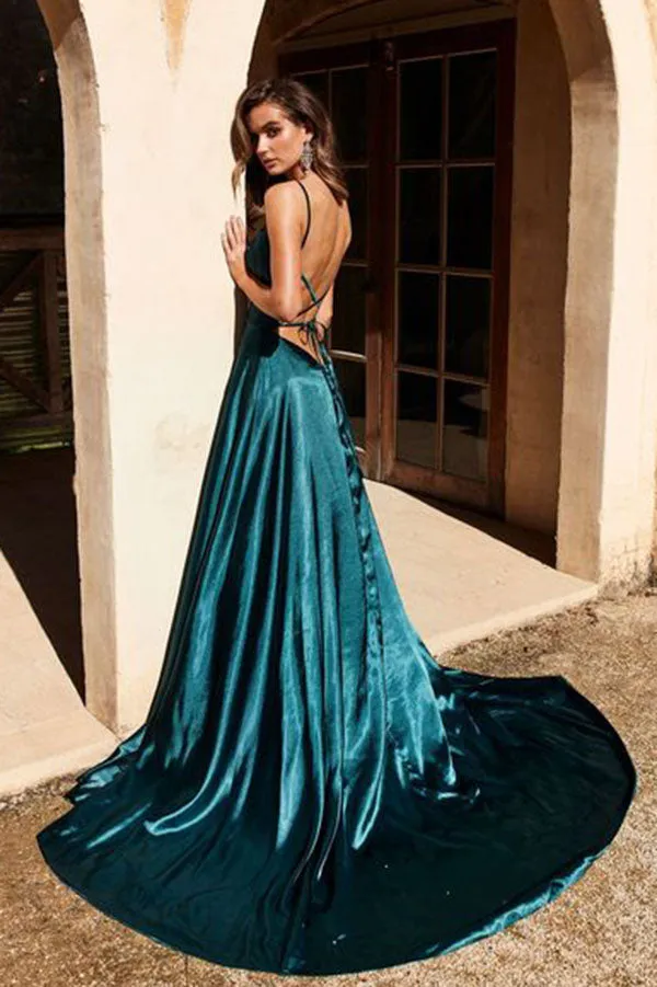 Simple Dark Green Satin A-line Backless Long Prom Dresses with High Slit, SP640