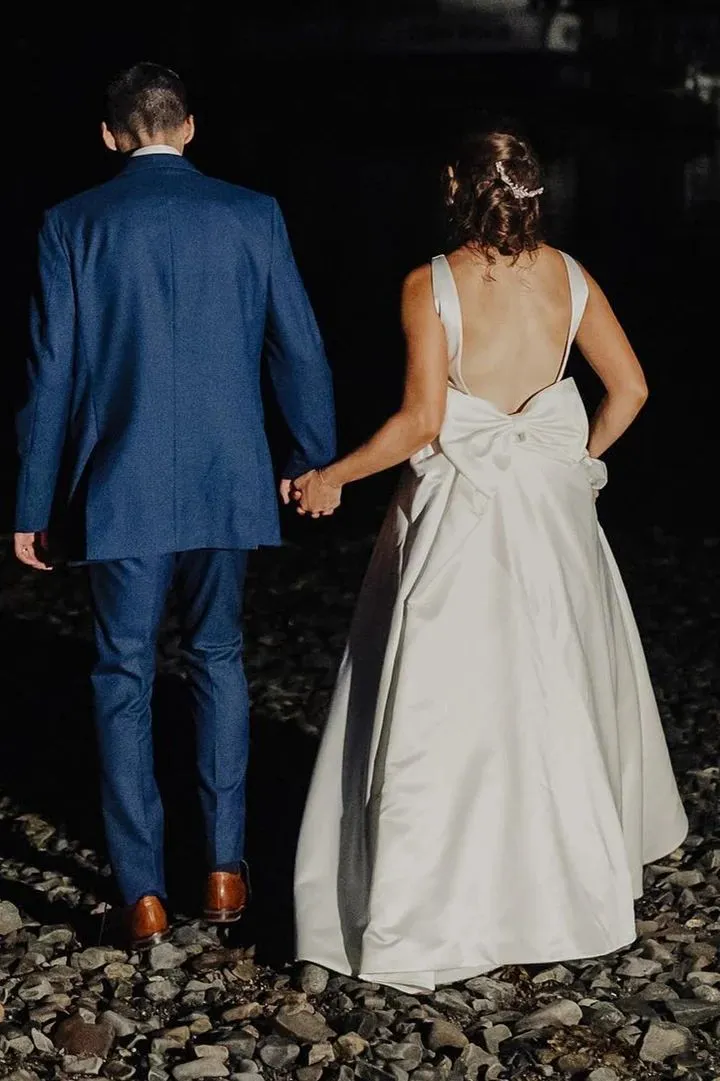 Simple Low Back High Neck Satin Wedding Dress