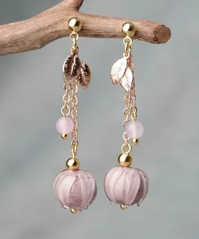 Simple Pink Coloured glaze Leaf Metal Drop Earrings