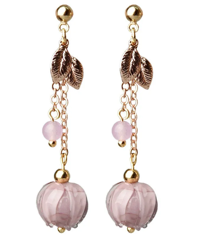 Simple Pink Coloured glaze Leaf Metal Drop Earrings