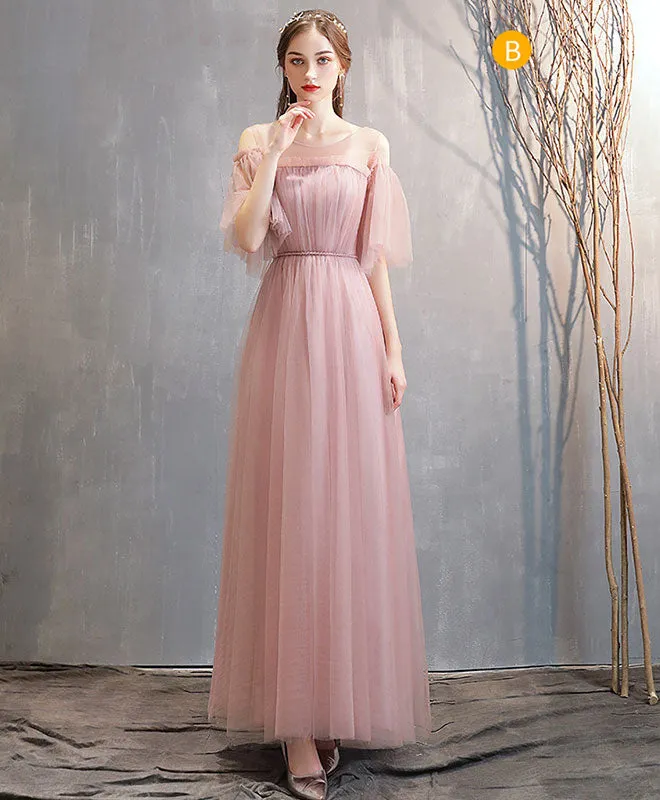 Simple Pink Tulle Long Prom Dress Pink Tulle Bridesmaid Dress