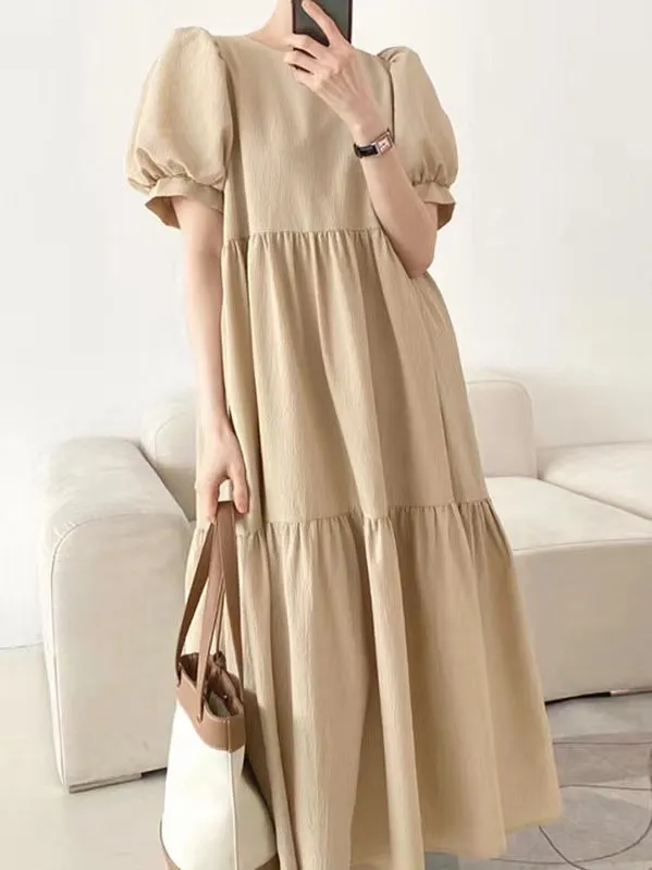 Simple Round Neck Loose Puff Sleeve Pleated Dress