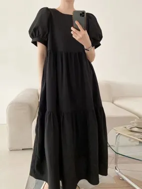 Simple Round Neck Loose Puff Sleeve Pleated Dress