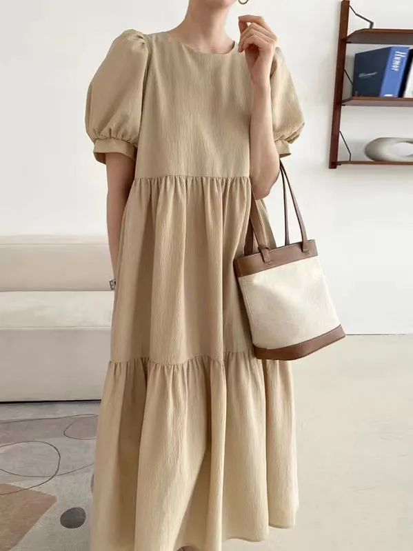 Simple Round Neck Loose Puff Sleeve Pleated Dress