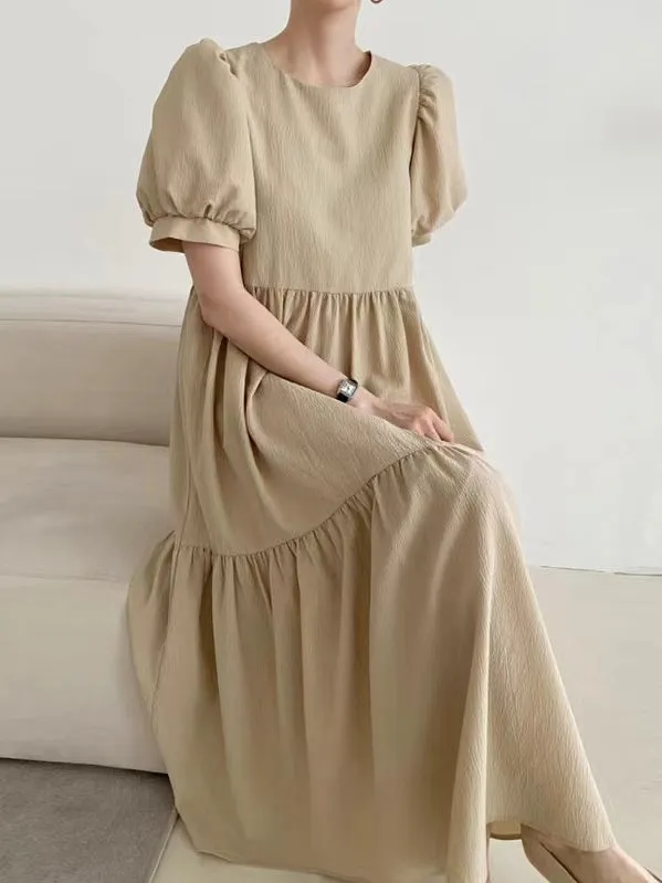 Simple Round Neck Loose Puff Sleeve Pleated Dress