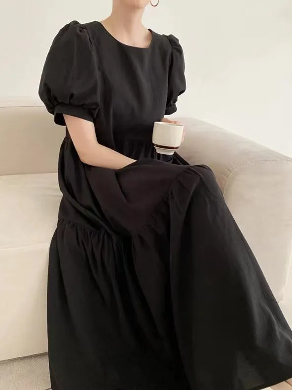 Simple Round Neck Loose Puff Sleeve Pleated Dress