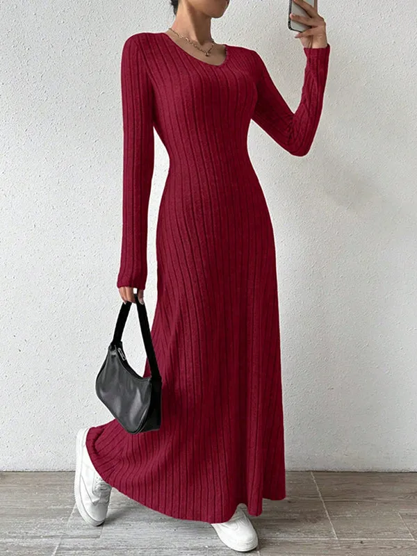 Solid Color Long Sleeves Skinny V-Neck Sweater Dresses Maxi Dresses