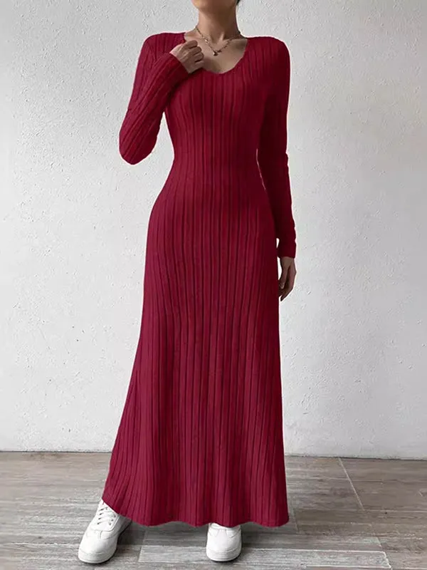 Solid Color Long Sleeves Skinny V-Neck Sweater Dresses Maxi Dresses