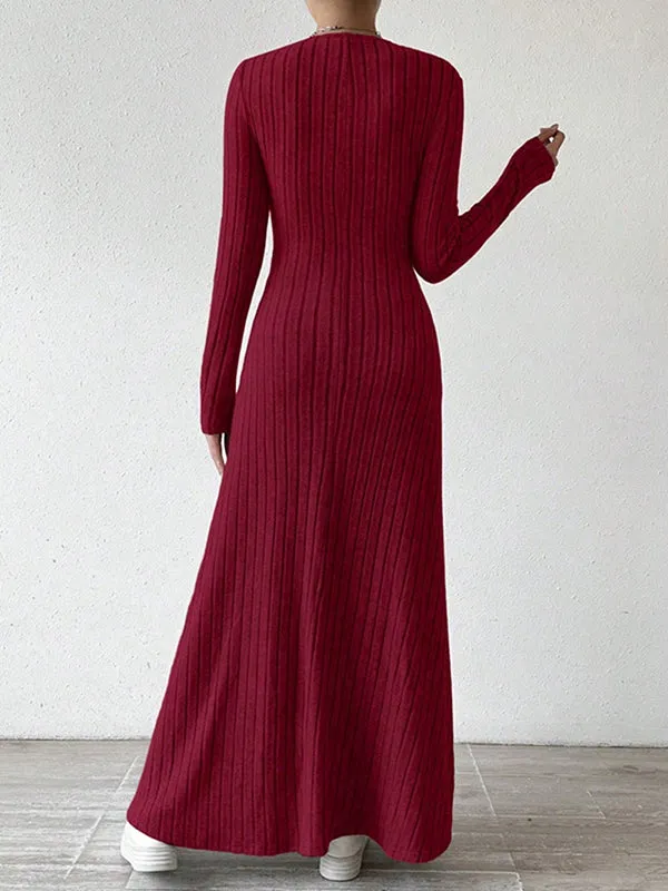 Solid Color Long Sleeves Skinny V-Neck Sweater Dresses Maxi Dresses