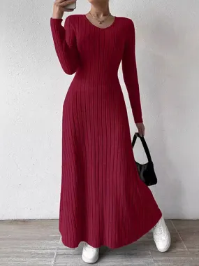 Solid Color Long Sleeves Skinny V-Neck Sweater Dresses Maxi Dresses