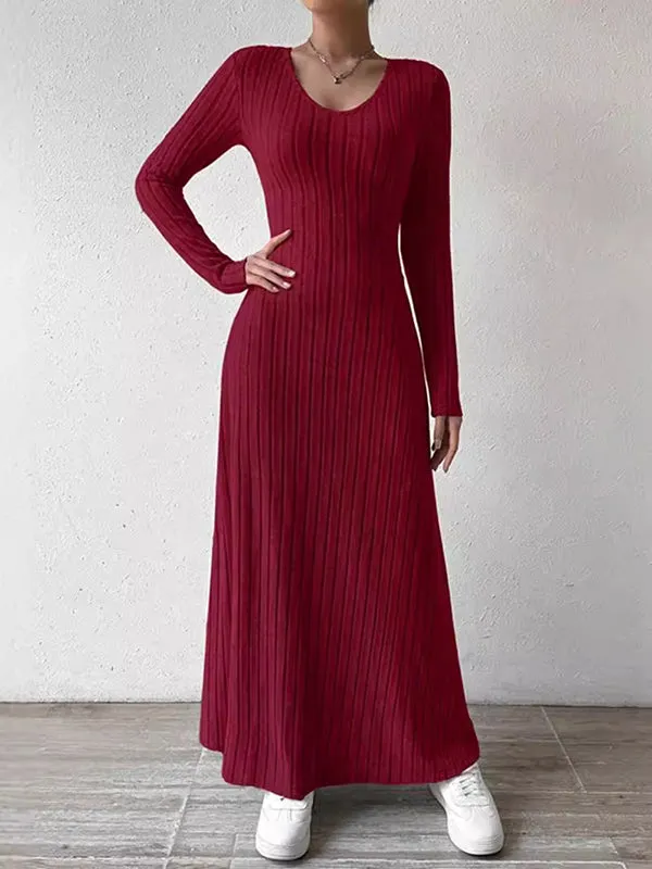 Solid Color Long Sleeves Skinny V-Neck Sweater Dresses Maxi Dresses