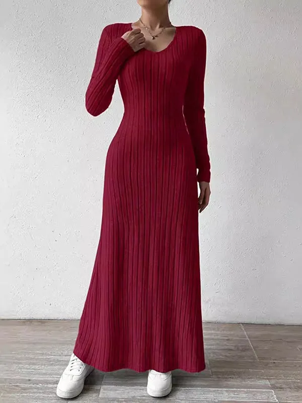 Solid Color Long Sleeves Skinny V-Neck Sweater Dresses Maxi Dresses